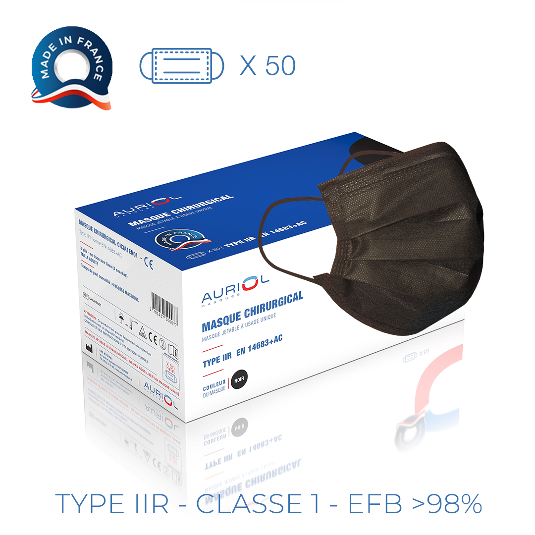 Masque chirurgical noir 3 plis - Haute filtration - Protection Covid